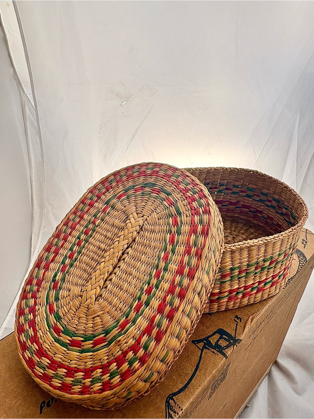 Vintage Boho Style Braided Sweetgrass Basket in Red, green, and natural colors